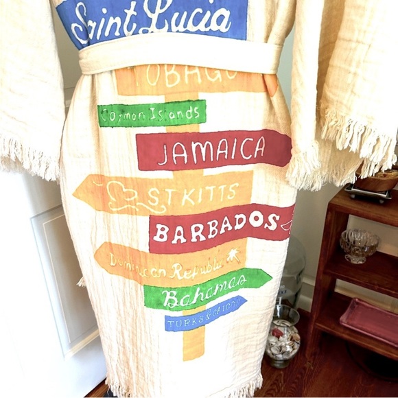 Colorful Caribbean Signpost Kimono Robe Cotton Natural Sash Belt Loops Handmade - Picture 7 of 14